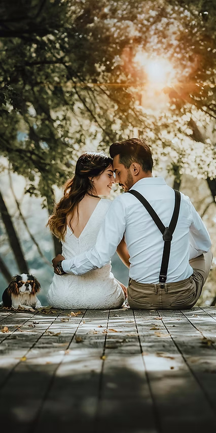 Casal sentado ao pôr do sol com cão num momento de casamento