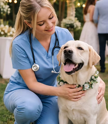 Profissional a cuidar de um cão com atenção clínica